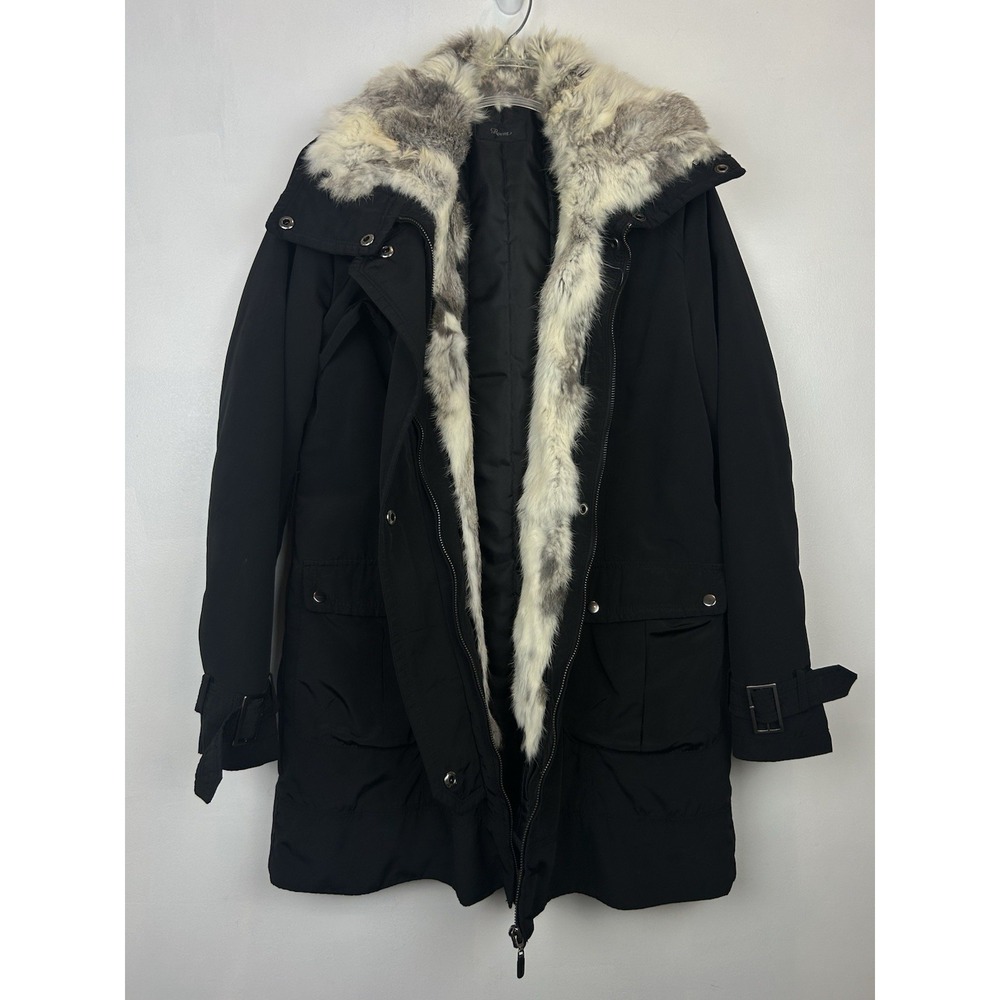 Black Coat Real Rabbit Fur Removable Collar Liner Womens Small No Belt Mid Read